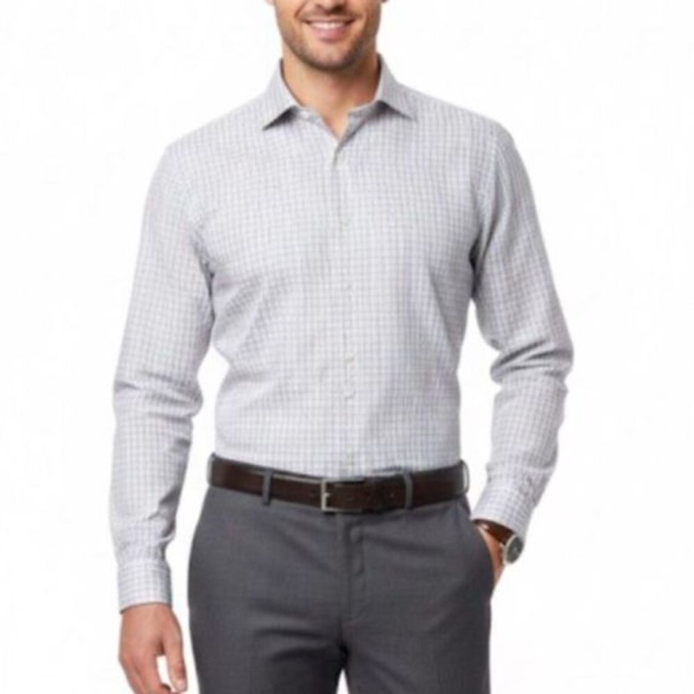 Elie Tahari Men's White Gray Blue Check Cotton Hidden Button LS Dress Shirt XL